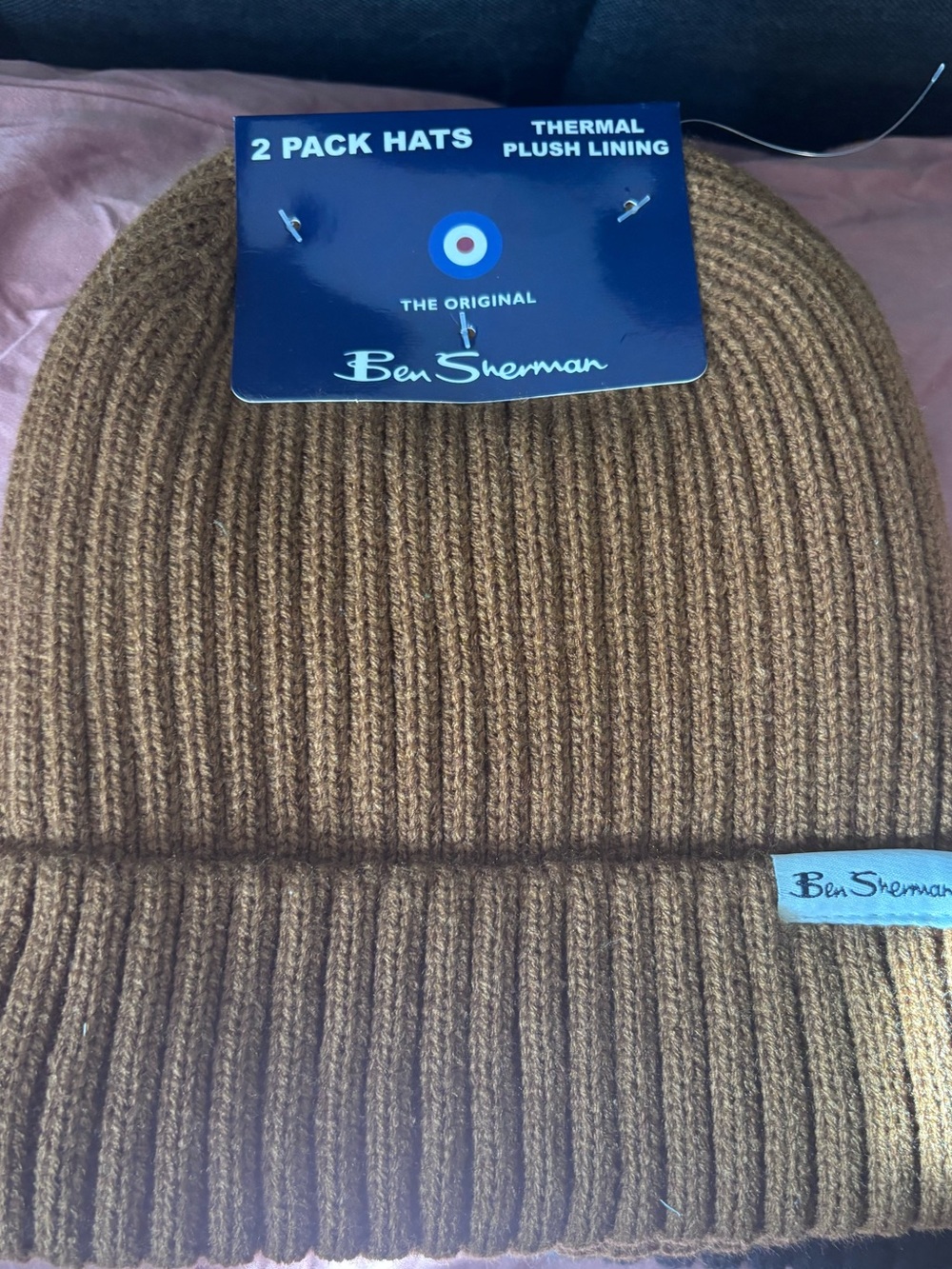 2 pack Ben Sherman Brown Ribbed Fold-Over Beanie